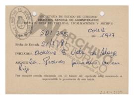 Tarjeta de la secretaría de Estado de Gobierno por entrada del expediente 201295. 1981