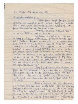 Correspondencia recibida por Adelina, firmada por María Inés. La Plata. 1983