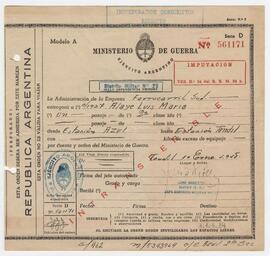 Notificación de traslado de Azul a Tandil para cumplir con el Servicio Militar 1948