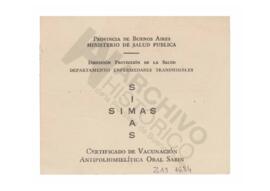 Certificado de vacunación antipoliomielítica. SIMAS. Mercedes, 1964. Oral Sabin
