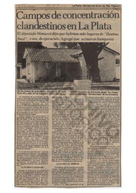 “Campos de concentración clandestinos en La Plata”, El Día, 1984