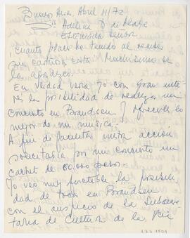 Carta enviada a Adelina, firmada por Flora Nudelman. 1972