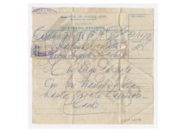 Telegrama enviado a Adelina por Luis María Alaye. 1951, Tapalqué