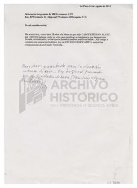 Borrador que presentó Adelina para justificar la inasistencia de Carlos por desaparición forzada ...