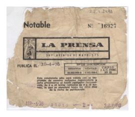 Constancia de publicación de solicitada por Carlos en el diario La Prensa 1978