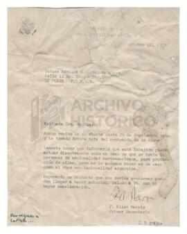 Nota de la Embajada de Estados Unidos a Adelina 1977