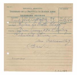 Telegrama recibido por Adelina y Luis María con motivo de su casamiento 1952