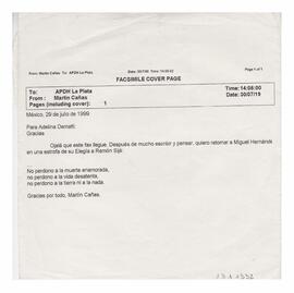 Fax enviado a Adelina desde México. Firmado Martín Cañas 1999