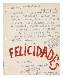 Correspondencia recibida por la Sra. Adelina. Jorge Schuartz. 1987