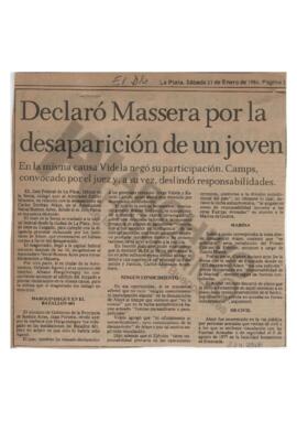 Recorte del diario El Día “Declaró Massera por la desaparición de un joven” 1984