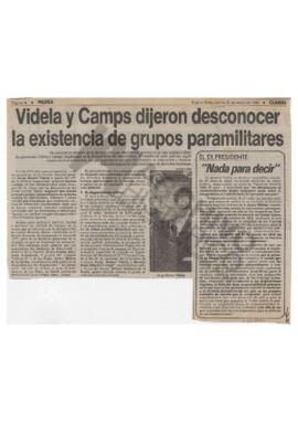 Recorte del diario Clarín “Videla y Camps dijeron desconocer la existencia de grupos paramilitare...