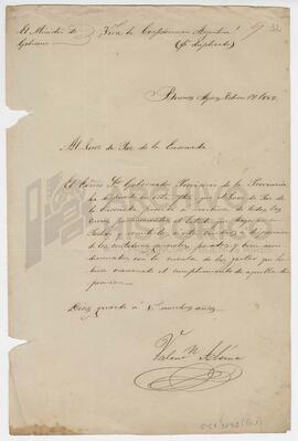 Documento del ministro del gobierno Valentín Alsina al juez de paz de la Ensenada, 1852