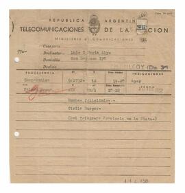 Telegrama recibido por Adelina y Luis María con motivo de su casamiento 1952