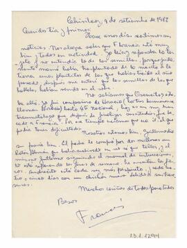Carta enviada a Adelina desde Chivilcoy. Firmada, Francis. 1982