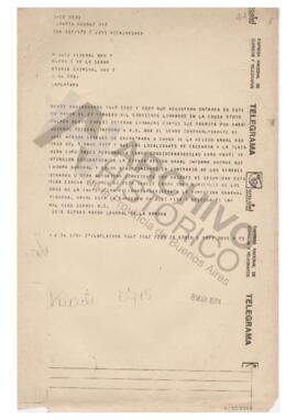 Telegrama sobre Habeas Corpus del Juez Federal Héctor De la Serna citando al Jefe Estado Mayor Ge...