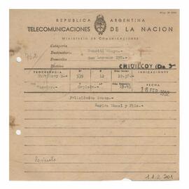 Telegrama recibido por Adelina y Luis María con motivo de su casamiento 1952