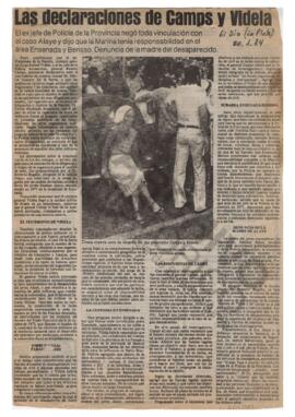 Recorte del diario El Día “Las declaraciones de Camps y Videla”. 1984