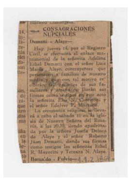 Recorte de diario “Consagraciones nupciales Dematti-Alaye”