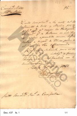 Oficio remitido por el comandante Félix Olazábal a Rosas en el cual notifica la disposición sobre...