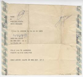 Telegrama enviado a Adelina desde Villa El Chocón. Firmado por Fausto, Alicia, Carlitos.