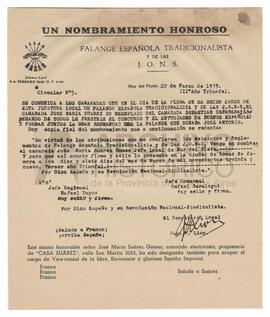 1 Circular nº5, nombramiento del camarada José María Suarez a la jefatura local de Falange españo...