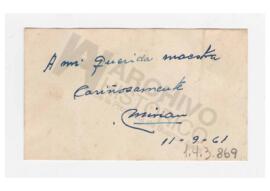 Agradecimiento a Adelina como maestra e inspectora de Miriam 1961