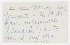 Tarjeta enviada a Adelina por Flora Nudelman. 1972-12-30. (Fs. 1). Con sobre (A y B)Tarjeta envia...