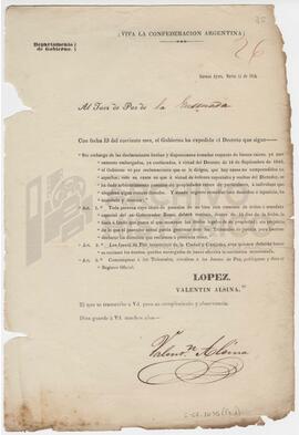Decreto del departamento de Gobierno firmado por Valentin Alsina, 1852