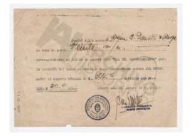 Recibo a nombre de Adelina E Dematti de Alaye, por la suma de 20$ para la creación del busto en h...