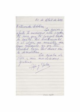 Correspondencia recibida por Adelina, firmada por Pepe y Delia, 2003