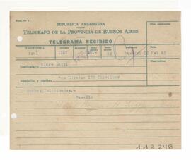 Telegrama recibido por Adelina y Luis María con motivo de su casamiento 1952