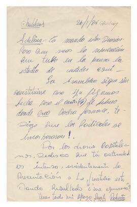 Correspondencia recibida por la Sra. Adelina, desde Chivilcoy, firmada por Roberto. 1984