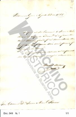 Nota de Manuel Moreno a Rosas comunicándole el envío de una orden de pago a su favor girada por e...