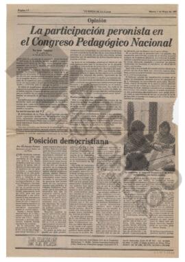 Recorte diario La Razón de La Plata "La participación peronista en el Congreso Pedagógico Na...