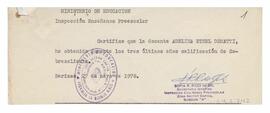 Certificado de calificación de Enseñanza pre escolar, Berisso 1970