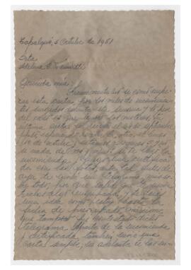 Carta enviada a Adelina por Luis María Alaye. 1951, Tapalqué. Con sobre.