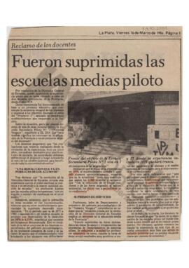 Recorte diario El Día "Fueron suprimidas las escuelas medias piloto". 1984