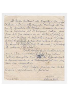 Agradecimiento del Centro Cultural del Magisterio “Domingo Faustino Sarmiento” al profesor Ortega...
