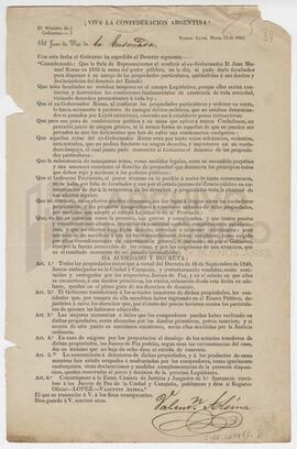 Decreto firmado por Valentin Alsina, 1852