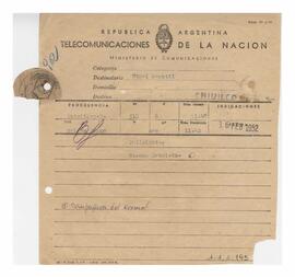 Telegrama recibido por Adelina y Luis María con motivo de su casamiento 1952