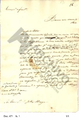 Borrador de una carta remitida por Rosas a Félix Álzaga notificándole la adjunción de documentos ...