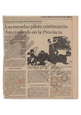 Recorte diario El Día "Las escuelas piloto continuarán funcionando en la Provincia" 1984