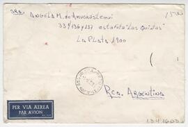 Sobre dirigido a Sra. Ángela M. de Amuchastegui. 33 e/ 136 y 137 estafeta “Las Quintas”, La Plata...