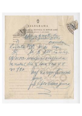 Telegrama enviado a la Sra Adelina Dematti , sobre Inscripción aceptada. 1967
