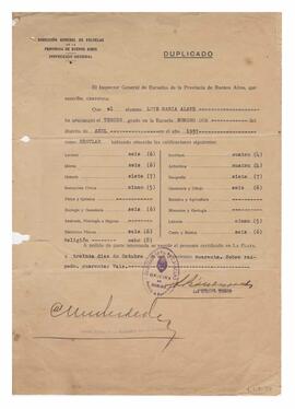 Certificado de alumno de tercer grado de Luis María Alaye 1940