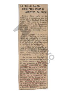 Recorte diario "Ratificó Balbin conceptos sobre el Ministro Baldrich"