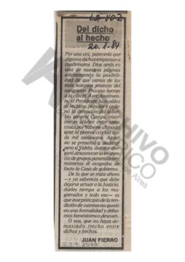 Recorte del diario La Voz “Del dicho al hecho” 1984