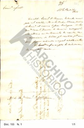 Borrador de una nota dirigida por Rosas al teniente coronel Inarra ordenándole entregar al comisa...