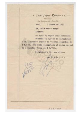 Nota del “ El Trust, joyero Relojero S.A”, filial Azul, enviada a Luis María Alaye, 1967