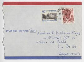 Sobre dirigido a Adelina. Rte: C.C. Forvägen 11/6 Norsborg 145/51 Suecia. (A y B). 1978